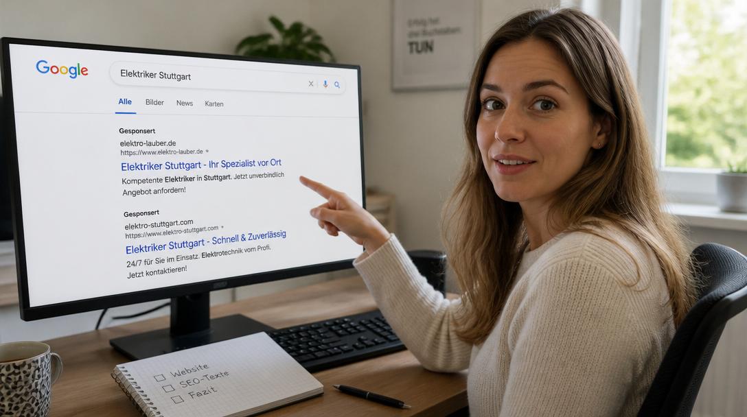 Frau zeigt auf Bildschirm mit Google-Suchergebnis für Elektriker Stuttgart und zwei gesponserten Anzeigen