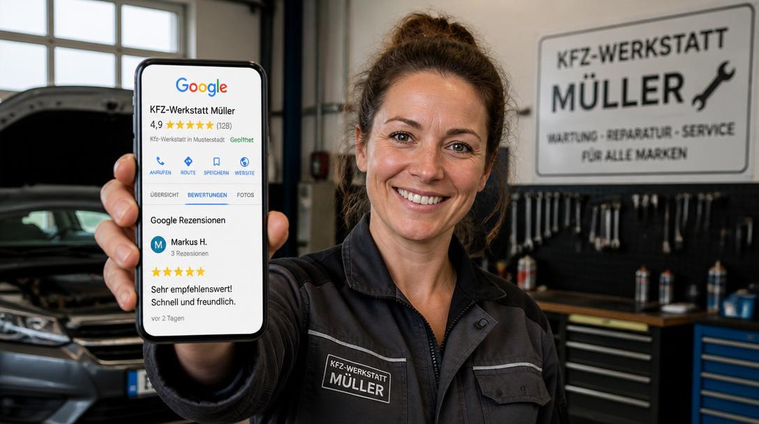 Kfz-Mechanikerin hält Smartphone mit Google-Rezension und Fünf-Sterne-Bewertung Sehr empfehlenswert in der Werkstatt