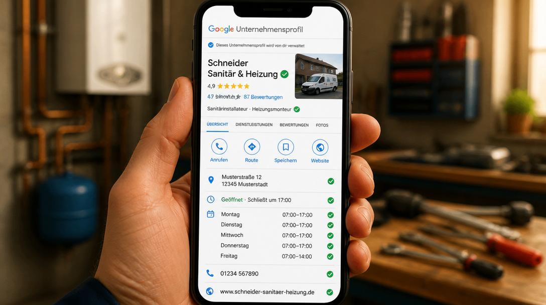 Google Unternehmensprofil von Schneider Sanitär & Heizung auf Smartphone mit 4,9 Sternen, 87 Bewertungen und vollständigen Öffnungszeiten