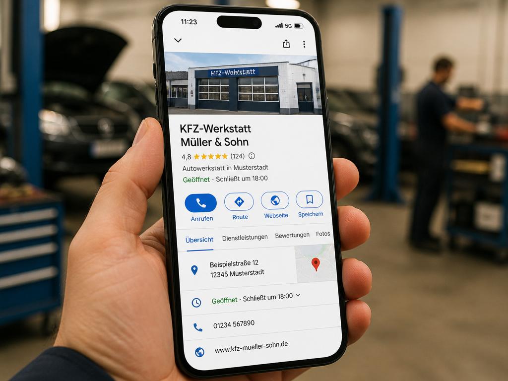 Smartphone zeigt Google-Unternehmensprofil einer KFZ-Werkstatt mit 4,8 Sternen, Öffnungszeiten und Anrufen-Button