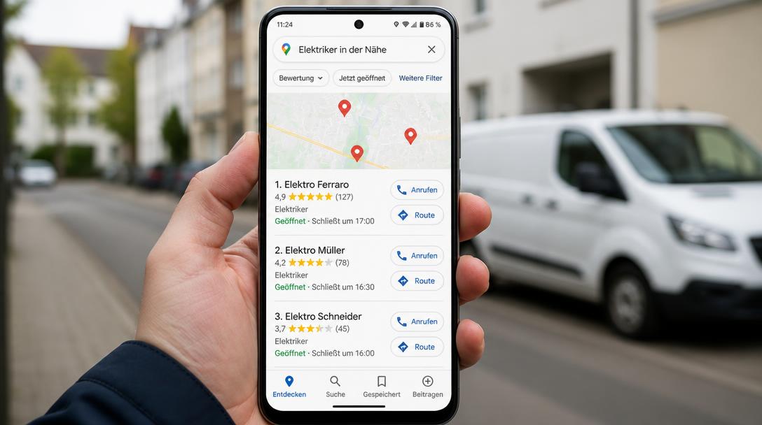 Google-Maps-Suche „Elektriker in der Nähe“ auf dem Smartphone mit drei Betrieben, ganz oben einer mit 4,9 Sternen