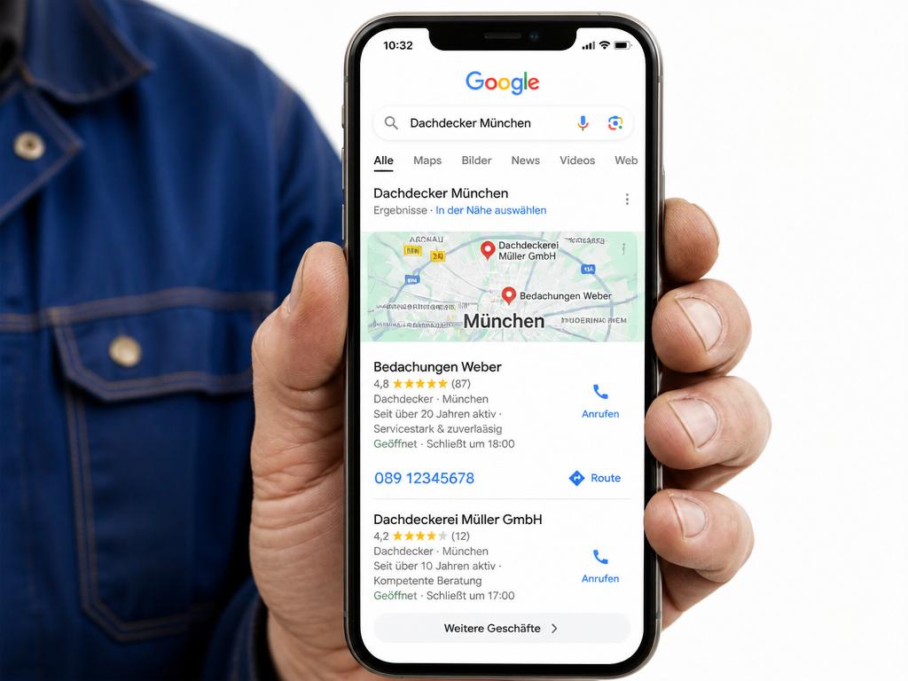 Smartphone zeigt Google Maps Local Pack mit Handwerksbetrieb, 4,8 Sterne und 87 Bewertungen an erster Position