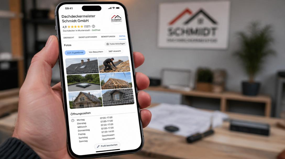 Smartphone zeigt Google Unternehmensprofil eines Dachdeckerbetriebs mit Fotos und Bewertungen