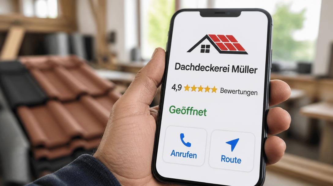 Google Unternehmensprofil einer Dachdeckerei auf dem Smartphone mit 4,9 Sternen, Öffnungszeiten und Anruf-Button