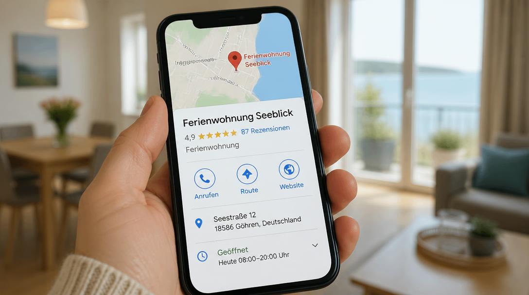 Google Unternehmensprofil einer Ferienwohnung auf dem Smartphone mit 4,9 Sternen, 87 Rezensionen und Route