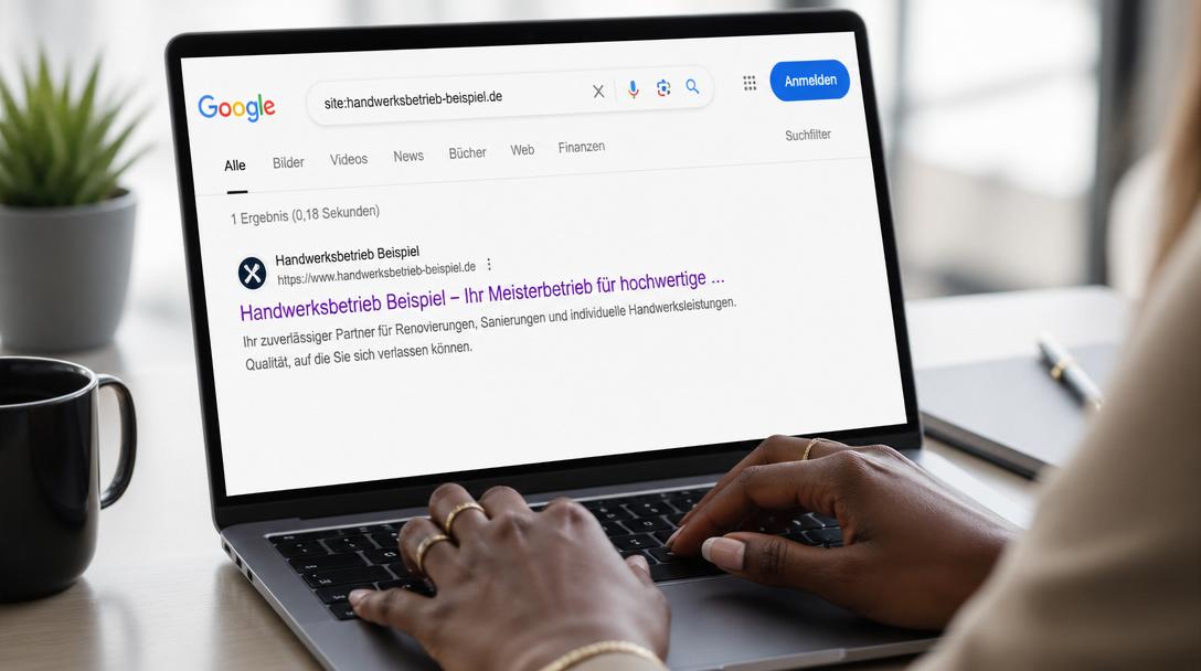 Geschäftsfrau tippt eine site Suche bei Google ein, um zu prüfen, ob ihre Handwerksbetrieb Website indexiert wurde