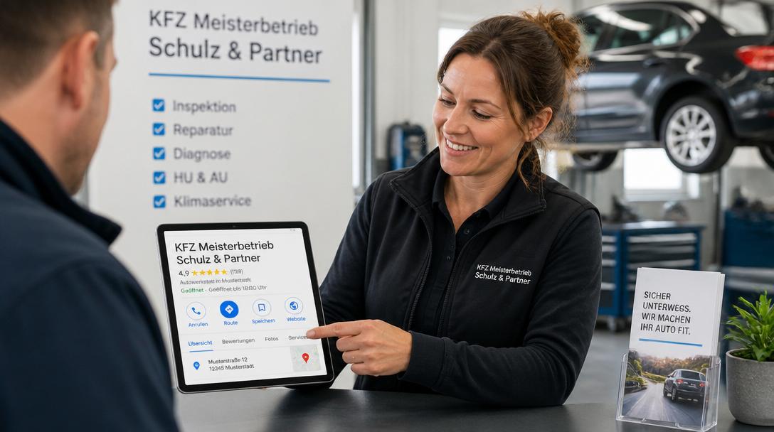 Service-Beraterin zeigt Kunden am Tresen ein Tablet mit Google-Unternehmensprofil, Öffnungszeiten und Bewertung 4,9 Sterne