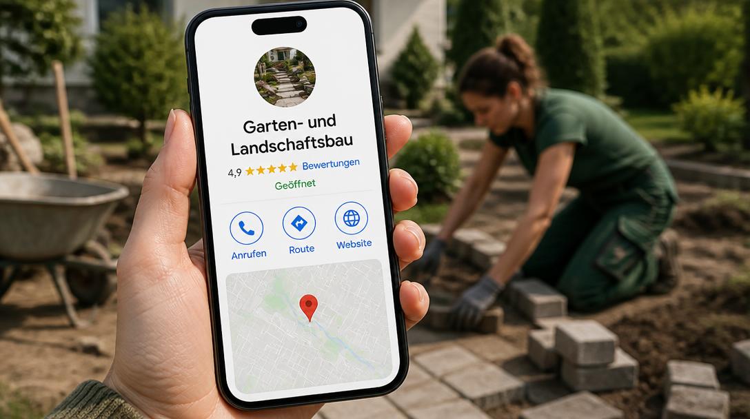 Google Unternehmensprofil eines Garten- und Landschaftsbaubetriebs auf dem Smartphone mit 4,9 Sternen und Anrufen-Button