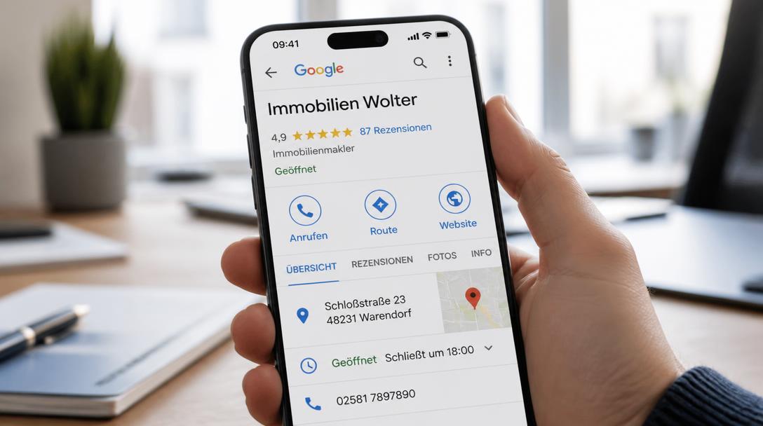 Google Unternehmensprofil eines Immobilienmaklers auf dem Smartphone mit 4,9 Sternen und 87 Rezensionen