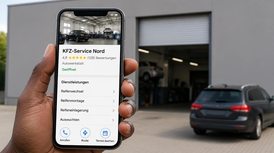 Google Unternehmensprofil einer Autowerkstatt mit 4,8 Sternen, 128 Bewertungen und vier Reifenservice-Leistungen