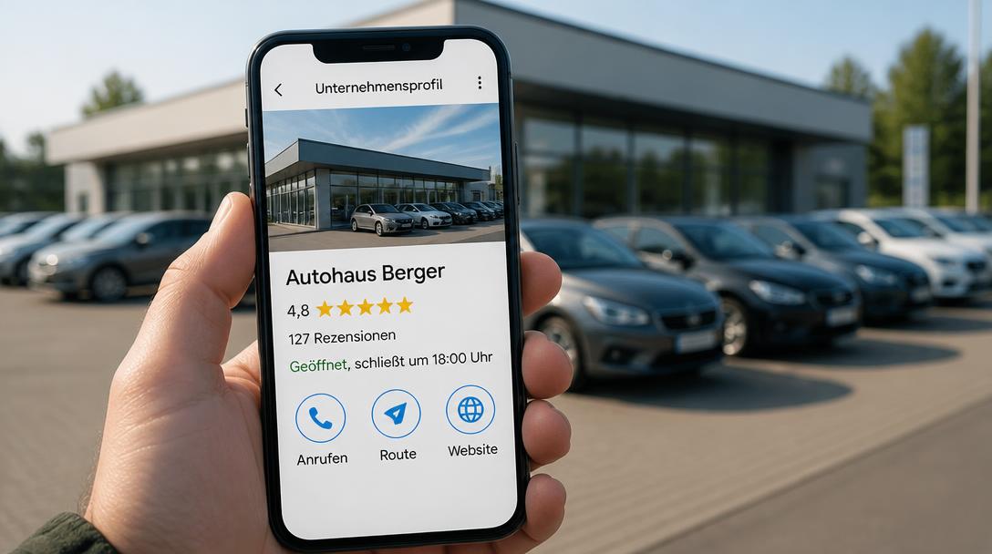 Google Unternehmensprofil eines Autohauses auf dem Smartphone mit 4,8 Sternen, 127 Rezensionen und Öffnungszeiten