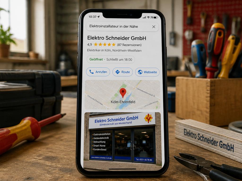 Google Unternehmensprofil eines Handwerksbetriebs auf dem Smartphone mit 4,9 Sterne, 87 Rezensionen und Öffnungszeiten
