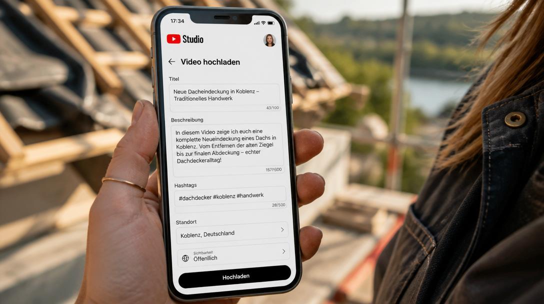 Handwerkerin hält Smartphone mit YouTube Studio Upload-Formular, Hashtags und Standort Koblenz sichtbar