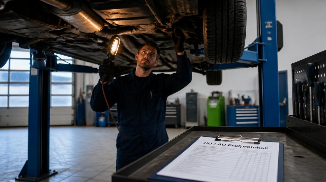 KFZ-Mechaniker prüft mit Lampe den Unterboden eines Autos auf der Hebebühne, im Vordergrund ein HU-AU-Prüfprotokoll