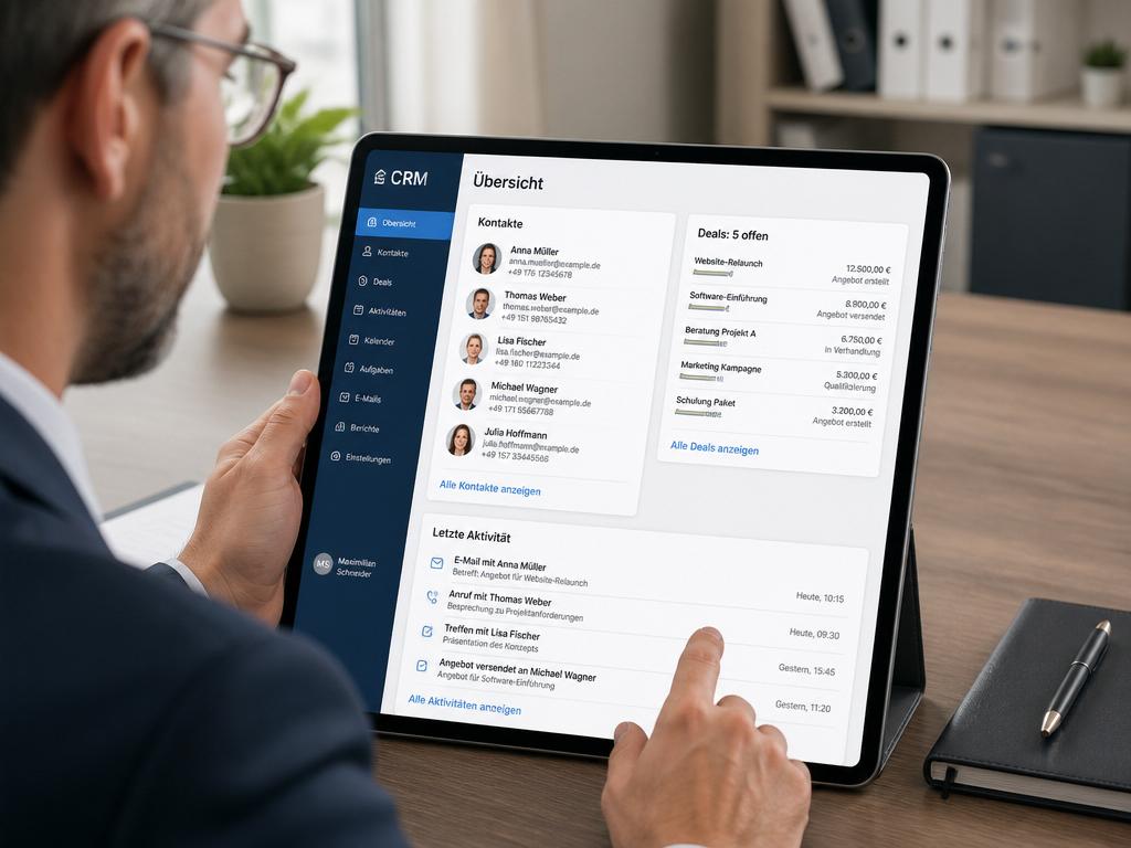Tablet mit deutschem CRM-Übersichtsbereich: Kontakte, 5 offene Deals und Letzte Aktivität auf HubSpot-ähnlicher Oberfläche