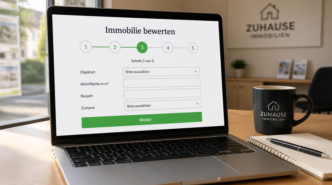 Laptop zeigt eine Online-Immobilienbewertung in Schritt 3 von 5 mit Feldern für Objektart, Wohnfläche und Baujahr