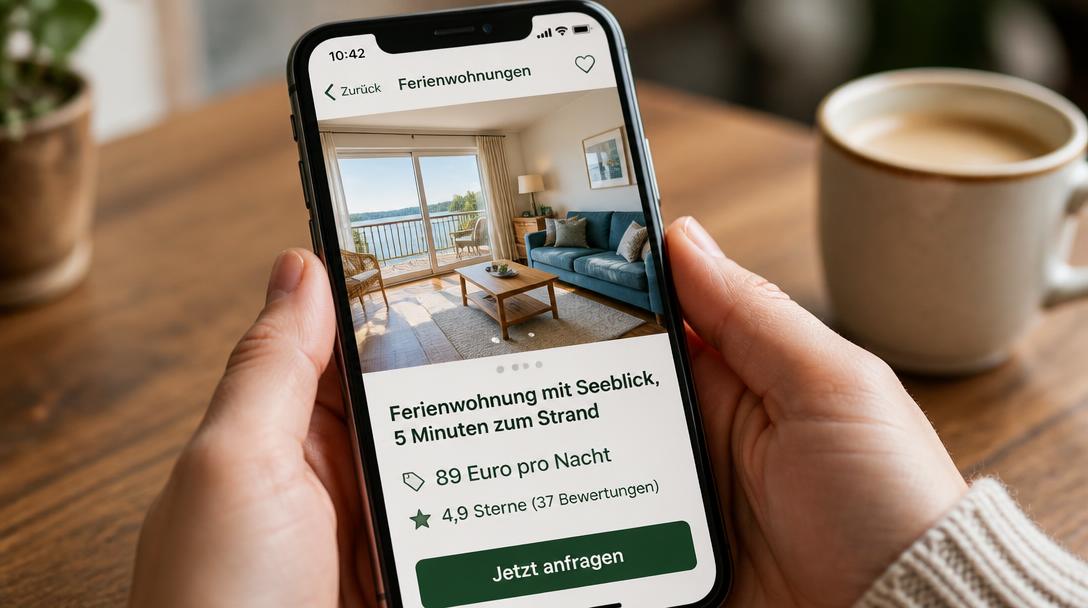 Smartphone zeigt ein Ferienwohnungs-Inserat mit Seeblick, Preis pro Nacht und 4,9 Sterne aus 37 Bewertungen