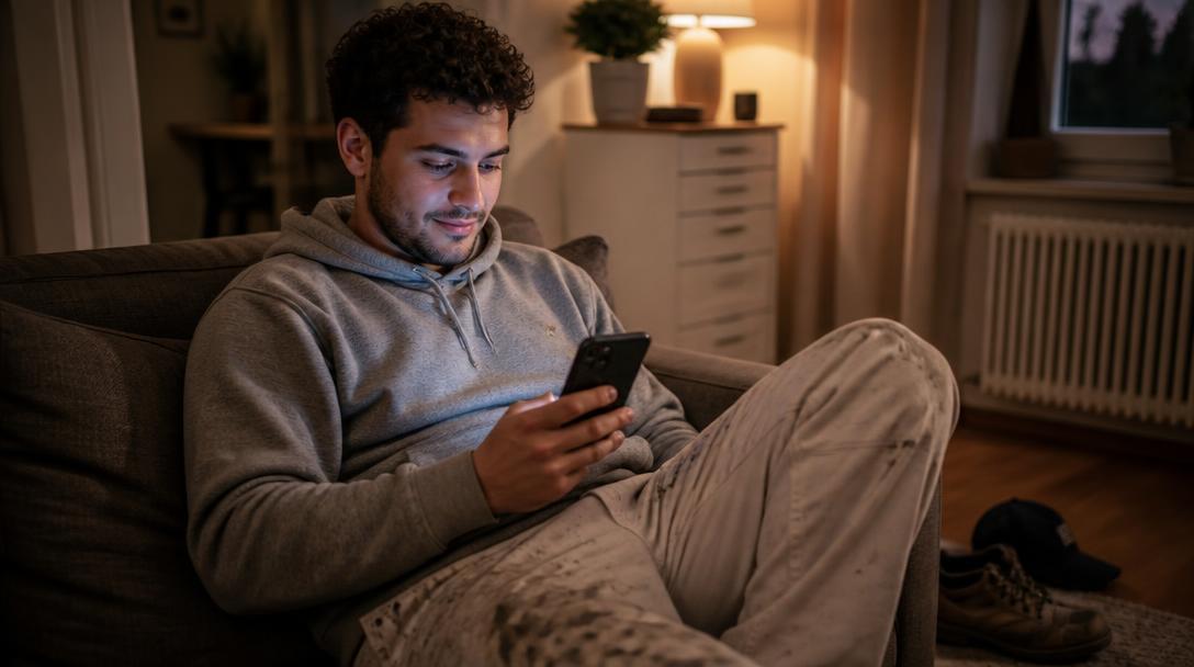Junger Handwerker in Arbeitshose scrollt abends auf dem Sofa durch Stellenanzeigen auf seinem Smartphone