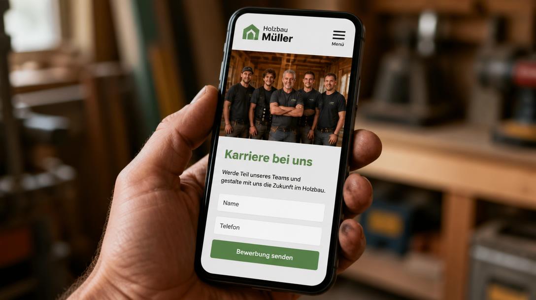 Karriereseite eines Handwerksbetriebs auf dem Smartphone mit Teamfoto, zwei Formularfeldern und Bewerbung-senden-Button
