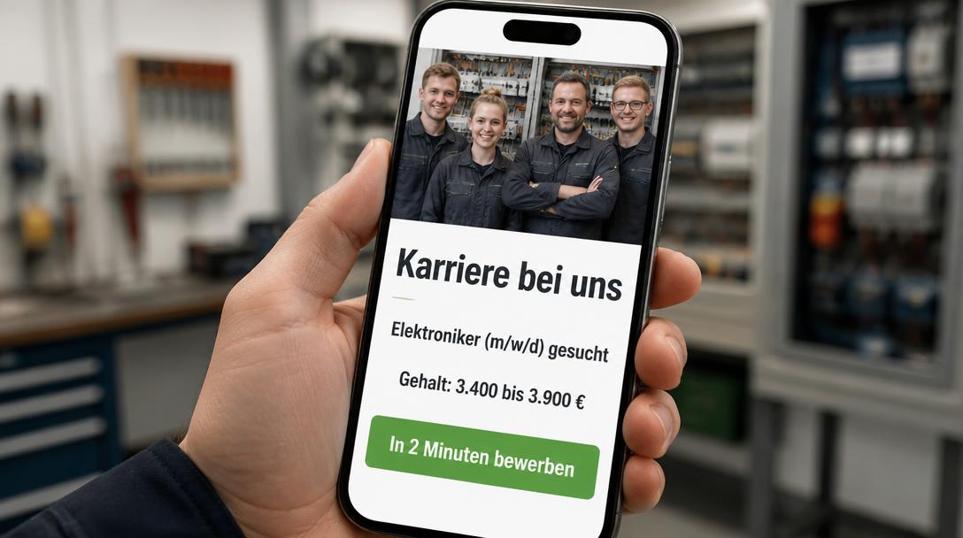 Smartphone zeigt die Karriereseite eines Elektrobetriebs mit Teamfoto, Gehaltsspanne und Button zum Bewerben in 2 Minuten
