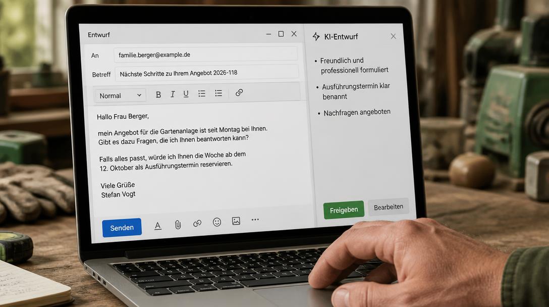 Laptop mit E-Mail-Entwurf an eine Kundin und KI-Assistent daneben, der Vorschläge und einen Freigeben-Button zeigt