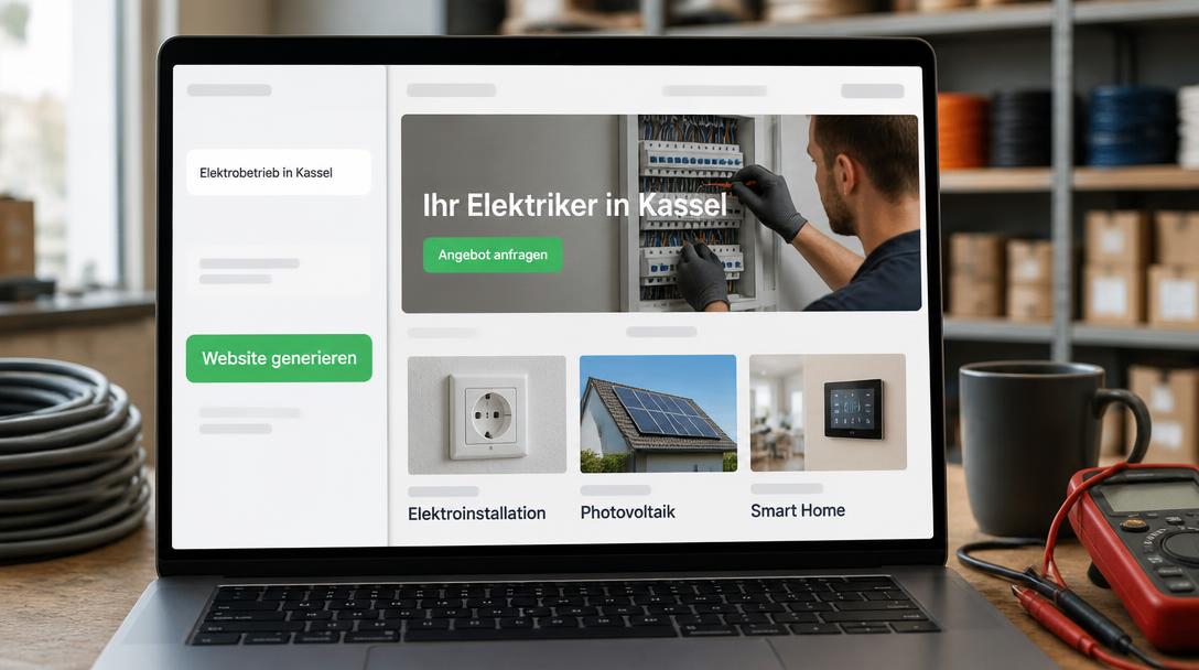Laptop in einer Elektrowerkstatt zeigt einen KI-Website-Baukasten mit generierter Seite für einen Elektriker in Kassel