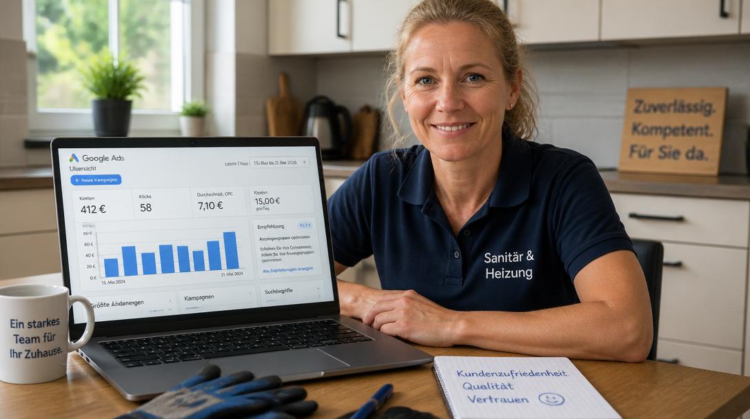Klempnerin sitzt vor Laptop mit Google Ads Kostenübersicht: 412 Euro Kosten, 58 Klicks und Tagesbudget auf Deutsch