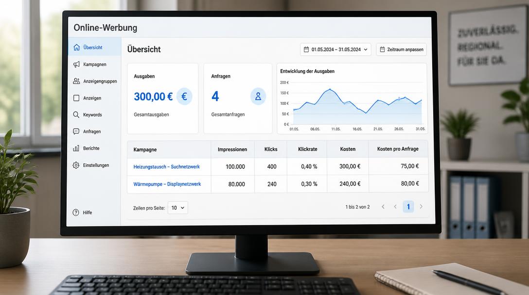 Kampagnen-Dashboard mit 100.000 Impressionen, 400 Klicks, 0,40 Prozent Klickrate und 75 Euro Kosten pro Anfrage