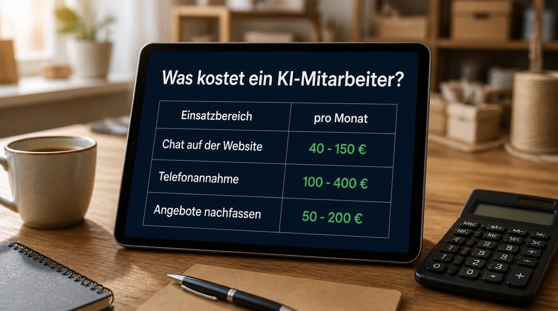 Tablet auf dem Bürotisch zeigt eine Kostentabelle für KI-Mitarbeiter mit Monatspreisen von 40 bis 400 Euro je Einsatzbereich