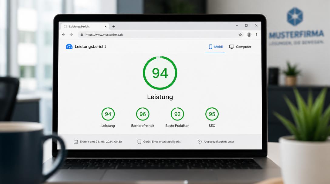 Laptop zeigt PageSpeed-Leistungsbericht mit Score 94 in grünem Kreis und deutschen Kategorien Leistung, Barrierefreiheit, Beste Praktiken, SEO