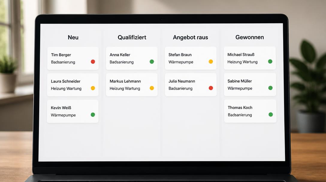 CRM-Board mit den Spalten Neu, Qualifiziert, Angebot raus und Gewonnen, jede Anfrage mit Ampelbewertung