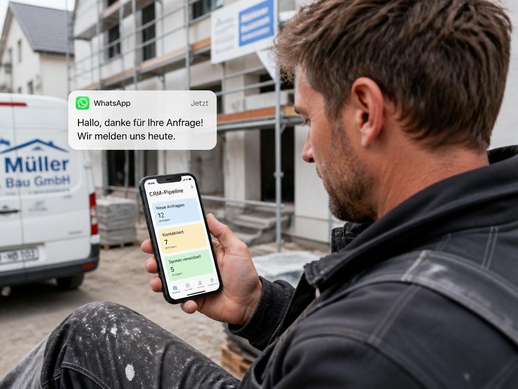 Handwerker auf Baustelle prüft Smartphone mit automatisierter Lead-Erfassung und CRM-Pipeline in GoHighLevel