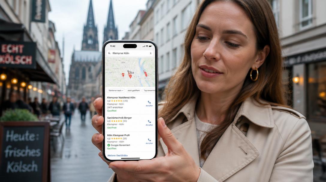 Frau in Köln schaut auf Smartphone mit Google Maps-Suche nach Klempner Köln und Google Garantiert-Badge