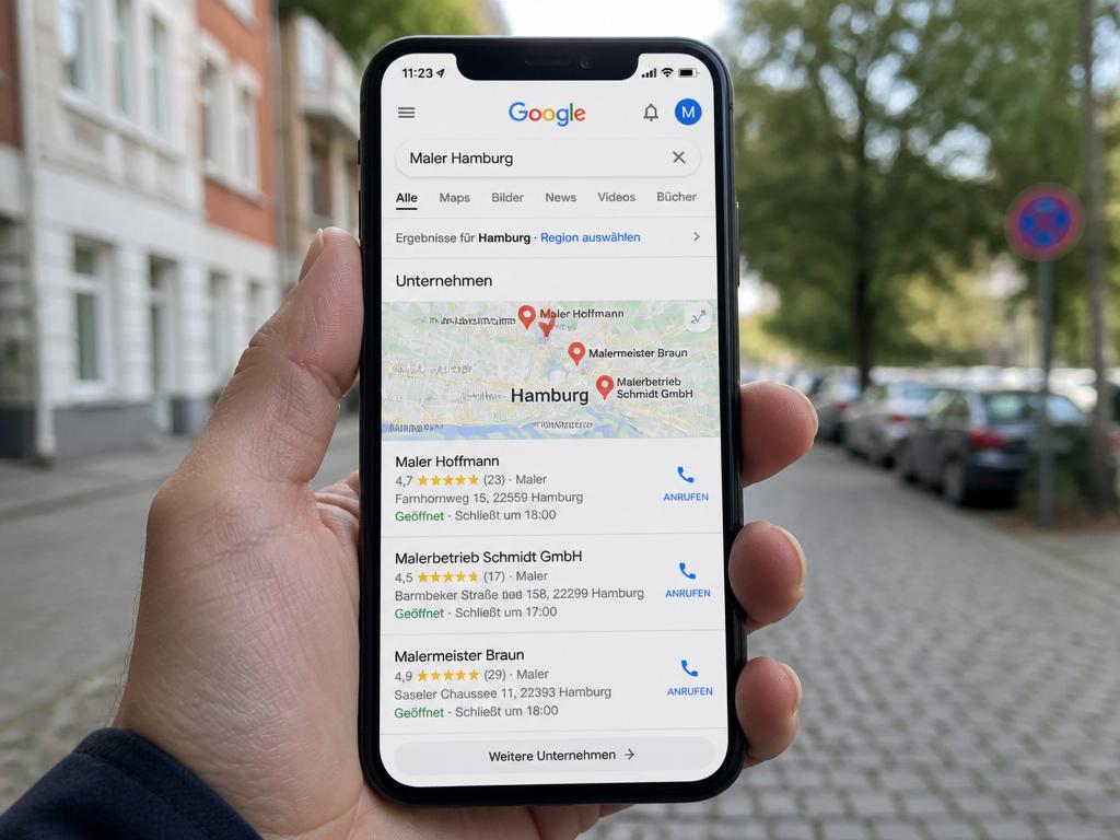 Google-Suche nach lokalem Handwerker auf dem Smartphone – Local SEO