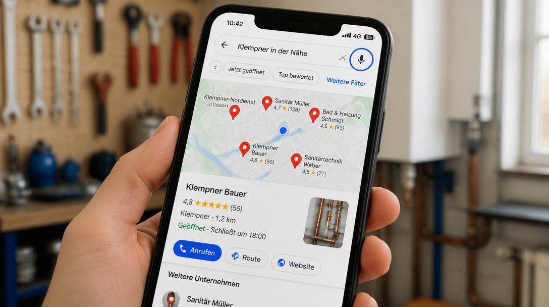 Smartphone mit Google Maps zeigt Sprachsuche-Ergebnis für Klempner in der Nähe mit deutschen UI-Elementen