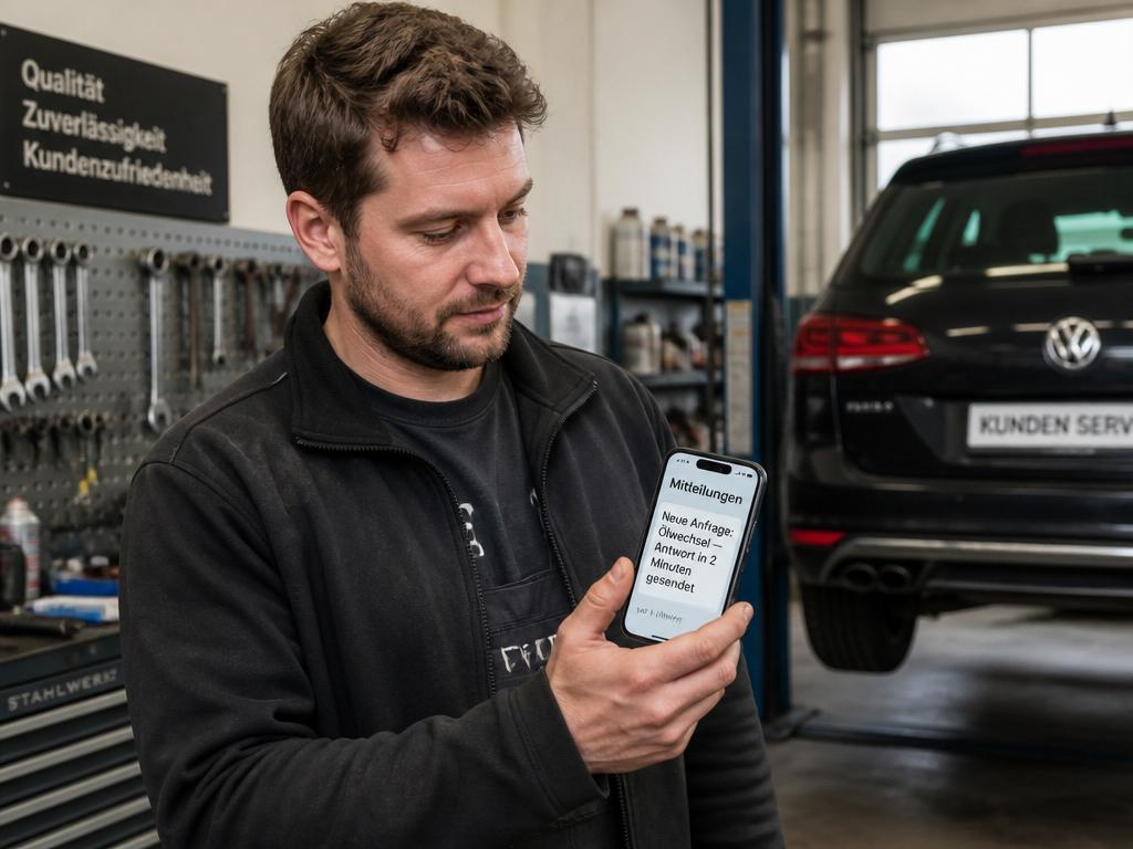 KFZ-Mechaniker in Werkstatt checkt Smartphone mit Benachrichtigung über neue Anfrage und automatische Antwort