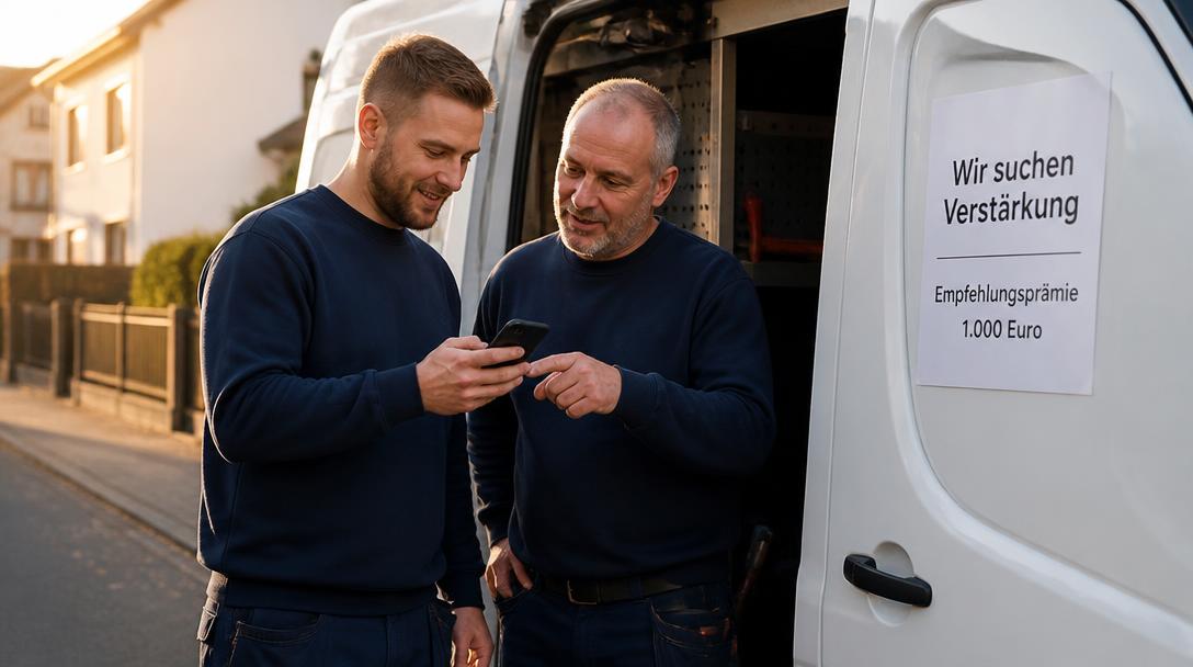 Zwei Handwerker am Transporter schauen aufs Handy, daneben ein Schild mit Empfehlungsprämie von 1.000 Euro