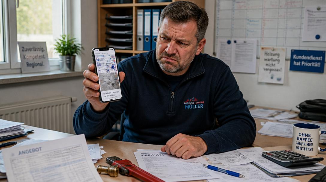 Handwerker schaut frustriert auf Smartphone mit unübersichtlicher mobiler Website im Büro