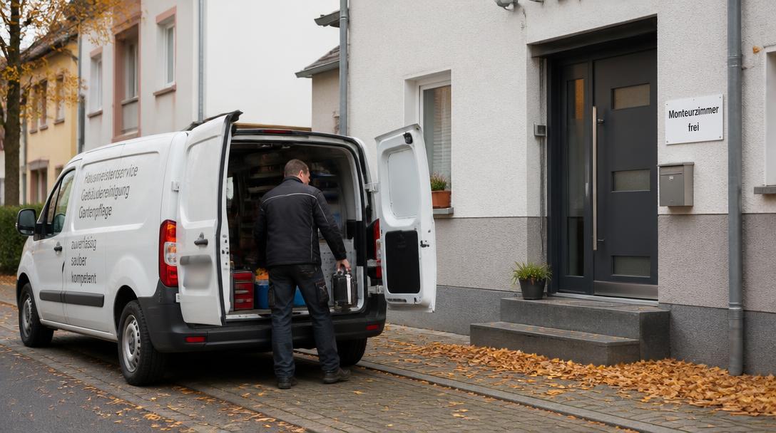 Monteur lädt Werkzeug aus dem Transporter vor einem Wohnhaus mit Schild Monteurzimmer frei im Herbst