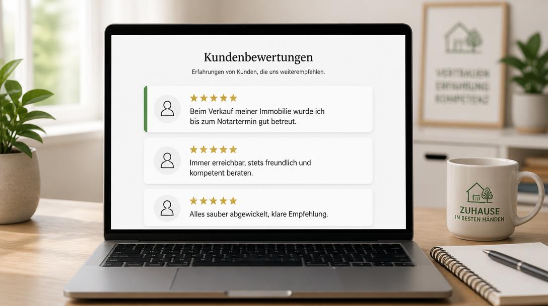 Laptop zeigt drei Kundenbewertungen eines Maklerbüros mit je fünf Sternen und grünem Akzentbalken