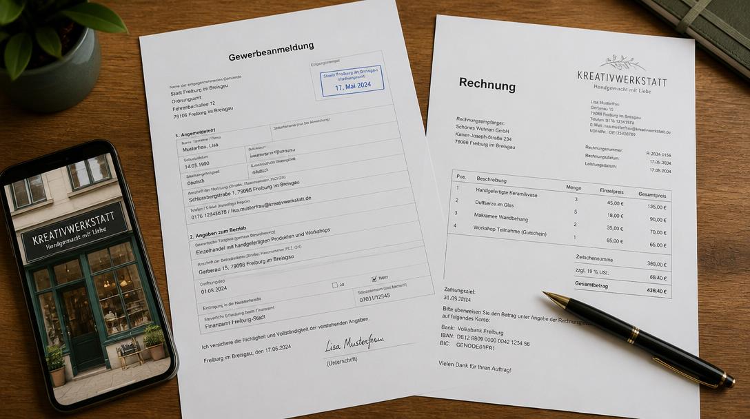 Gewerbeanmeldung und Rechnung liegen auf einem Schreibtisch als Nachweise für den Einspruch beim Google Unternehmensprofil