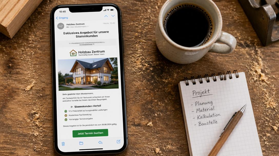 Smartphone auf Holzwerkbank zeigt geöffneten Newsletter mit Stammkunden-Angebot und deutschem CTA-Button