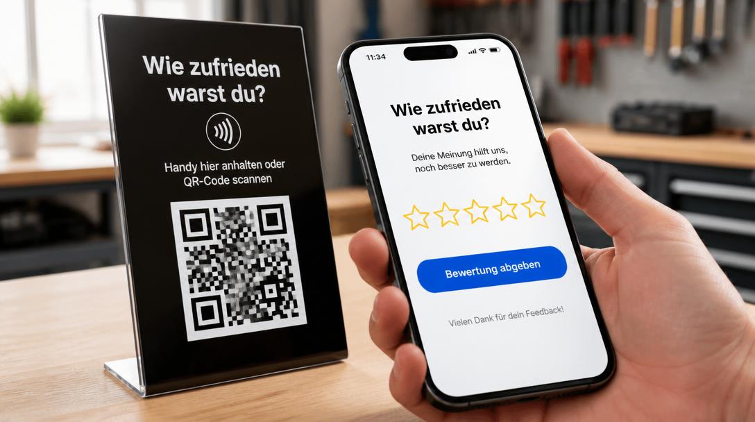 Smartphone vor einem Google Bewertungen Aufsteller mit NFC und QR-Code, auf dem Display das Bewertungsformular