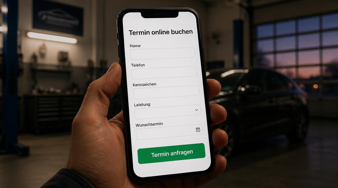 Smartphone zeigt die Online-Terminbuchung einer Autowerkstatt mit Feldern für Kennzeichen, Leistung und Wunschtermin