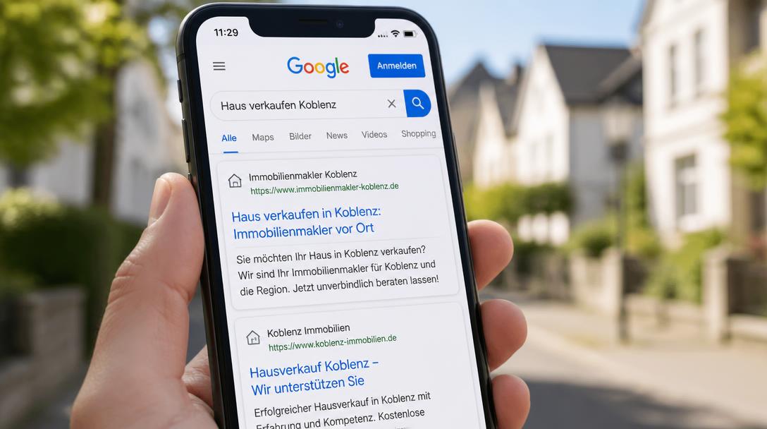 Smartphone mit Google-Suche nach Haus verkaufen Koblenz und dem Suchtreffer eines lokalen Immobilienmaklers