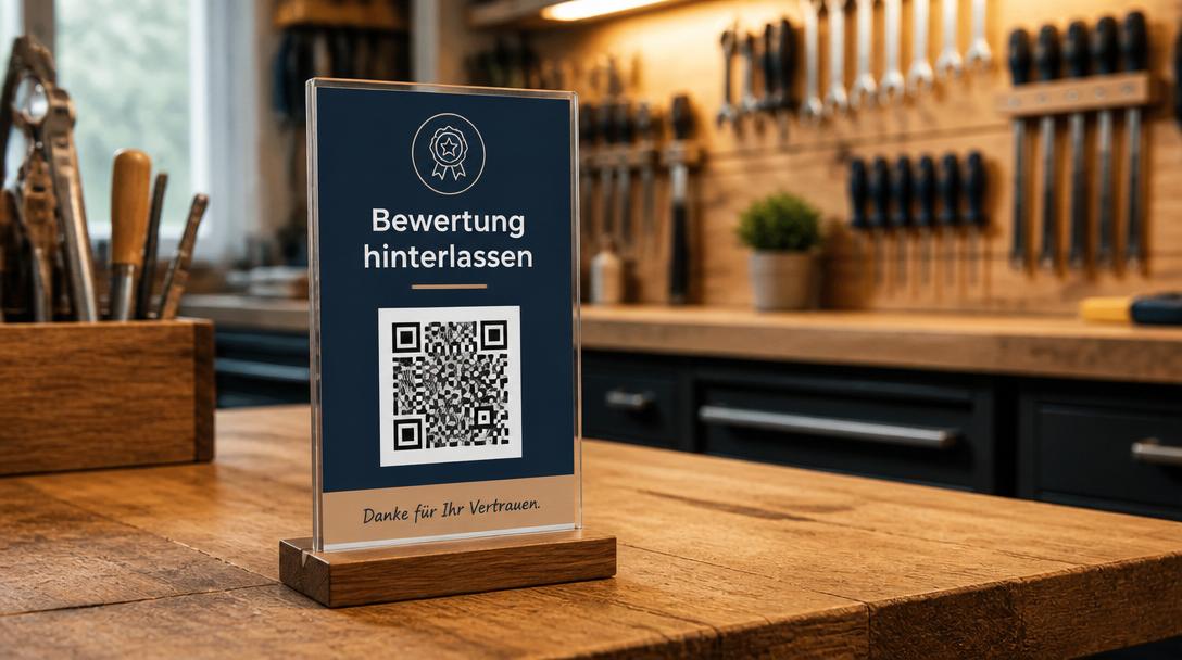 QR Code Aufsteller mit Aufschrift Bewertung hinterlassen auf Werkstatt Theke