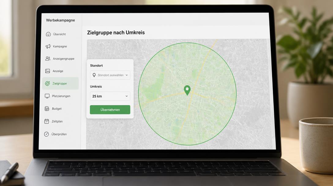 Kampagnen-Einstellung für Radius-Targeting mit grünem 25-Kilometer-Umkreis um den Betriebsstandort auf der Karte