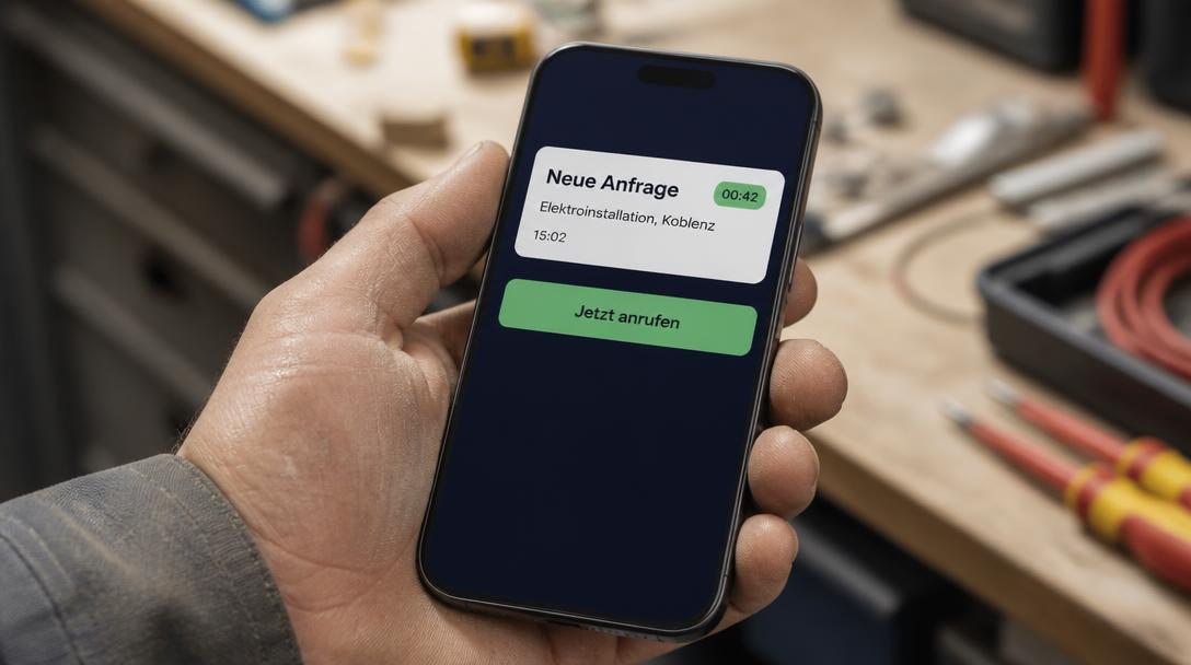 Smartphone zeigt Benachrichtigung Neue Anfrage für eine Elektroinstallation mit grünem Button Jetzt anrufen