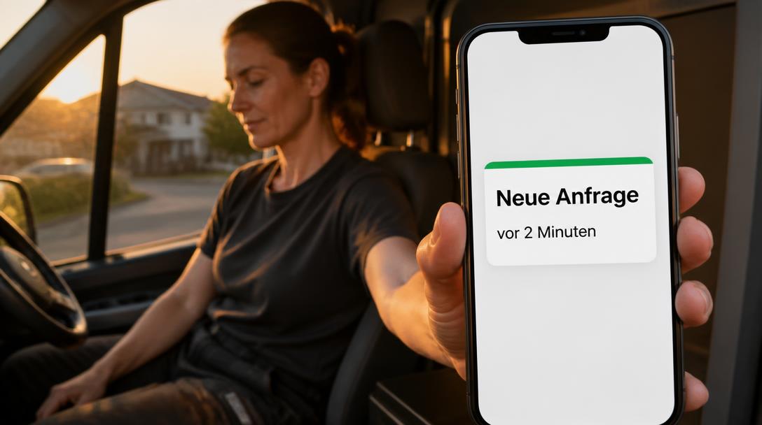 Handwerkerin im Transporter prüft Smartphone mit Benachrichtigung Neue Anfrage vor 2 Minuten