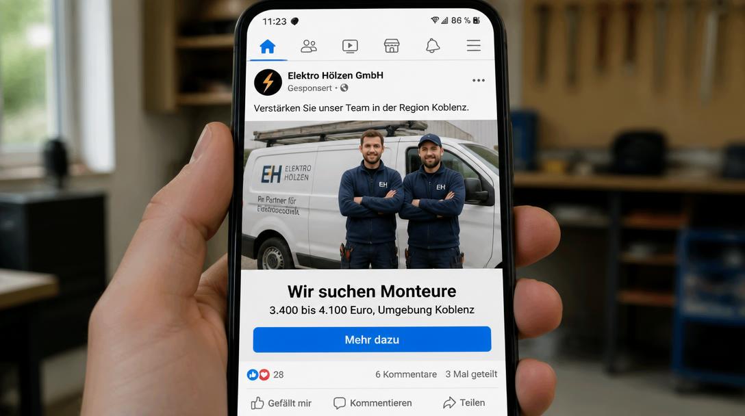 Gesponserte Facebook-Anzeige eines Elektrobetriebs auf dem Handy sucht Monteure in der Region Koblenz